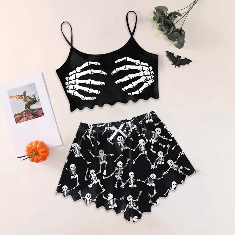 Ulitacool Womens Sexy Pajamas Halloween V Neck Sleepwear Cartoon Hand  Prints Top And Pants Jammies Sleeveless Nightwear Autummn Winter Classic  Clothes M Black5 - Walmart.com