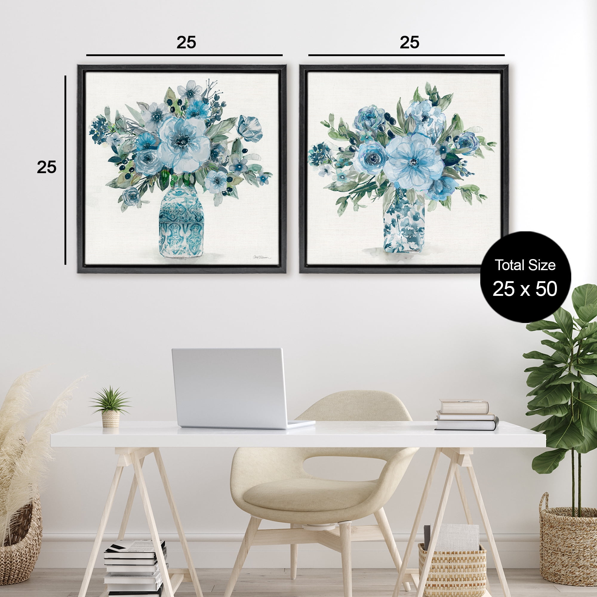 Stupell Industries Pastel Blue Floral Vase Arrangements 2 Piece Black Framed Floater Canvas Set, design by Carol Robinson