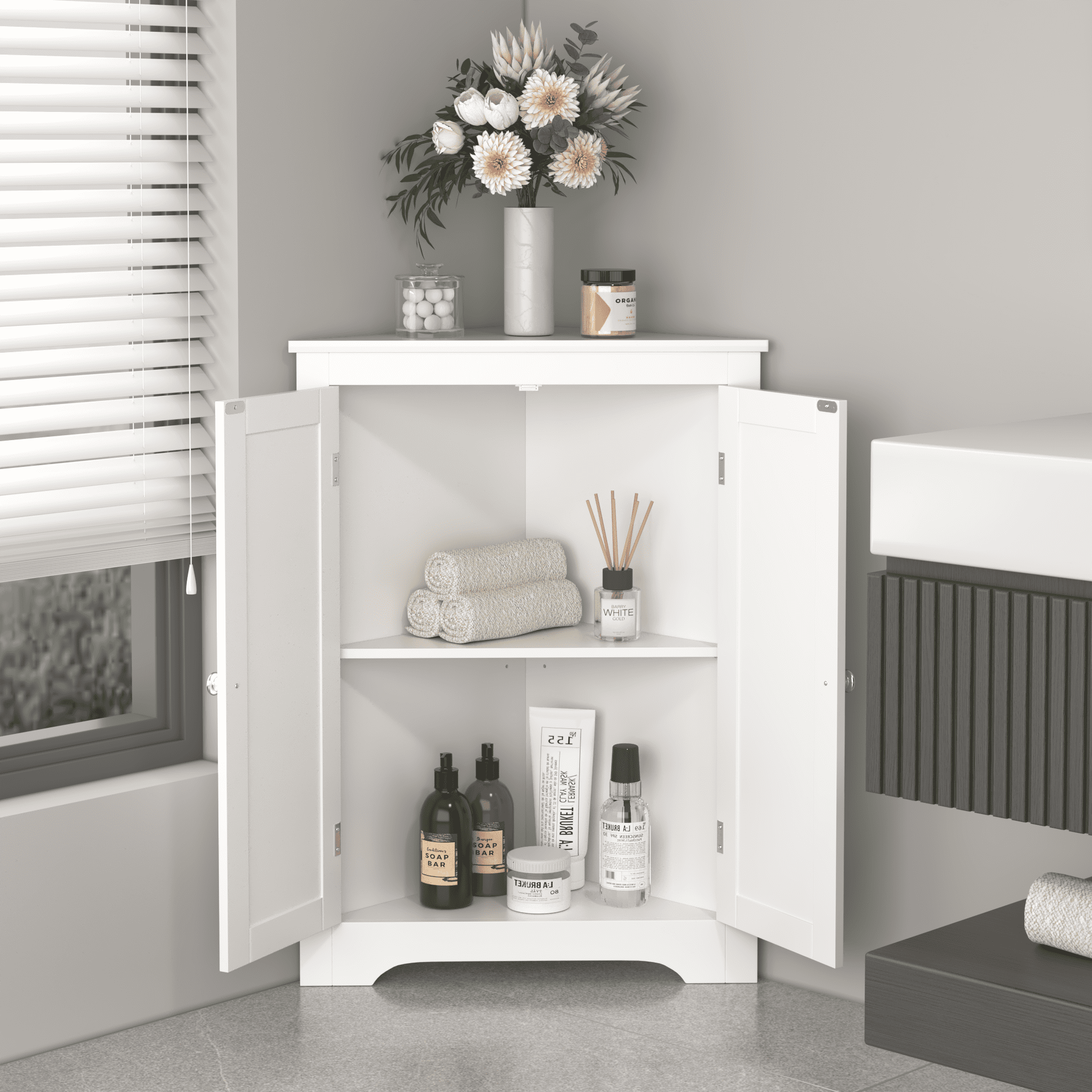 Euroco White Corner Storage Cabinet with Doors and Adjustable Shelf, Freestanding Floor Cabinet for Bathroom, Living Room, or Entryway