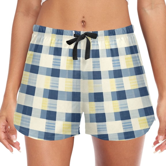 Women's Soft Sleep Shorts Relaxed Fit Lounge Pajama Bottoms Shorts for Women Pajama for Home and Comfort Blue and Yellow Gingham