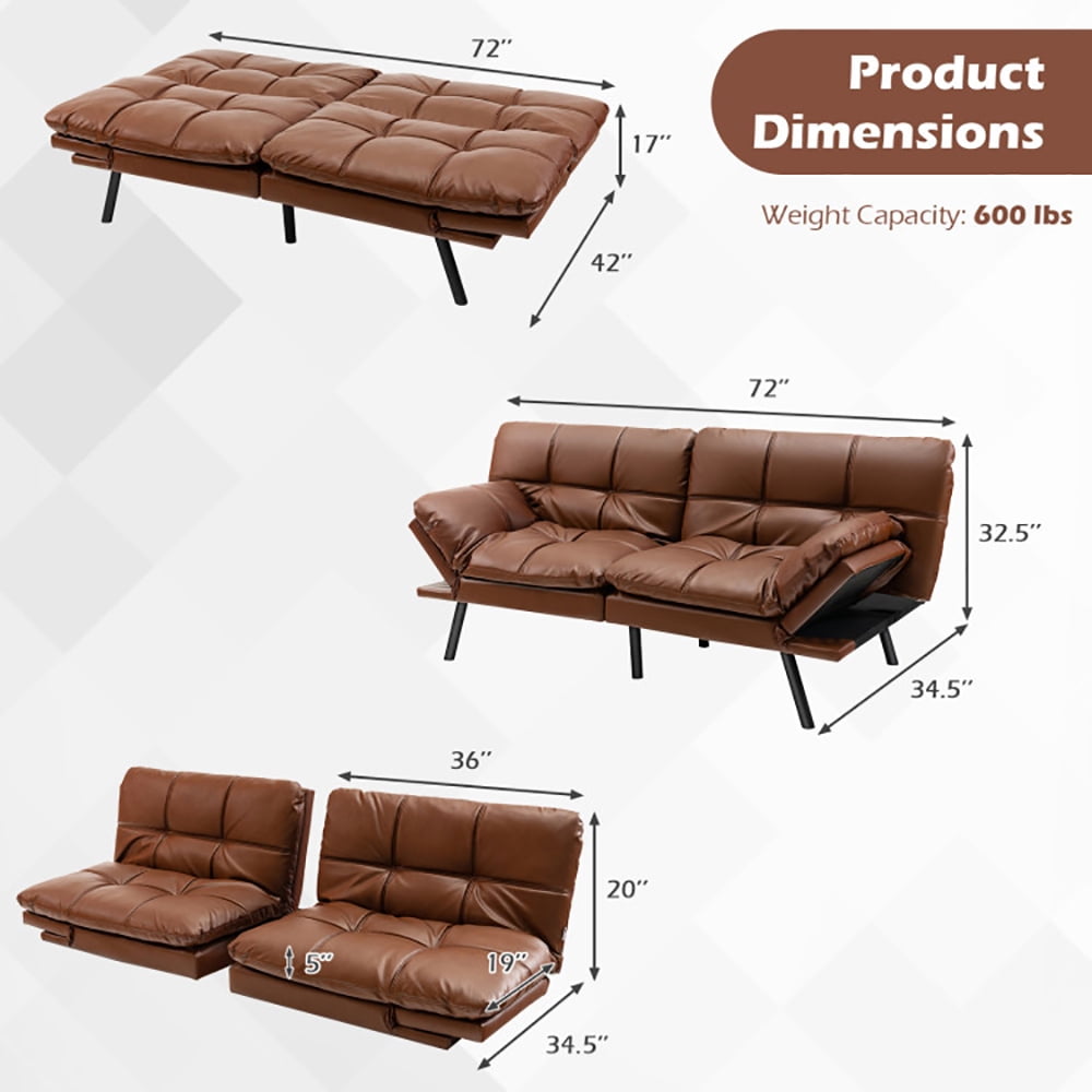 Finihen Sofa Bed, Convertible Memory Foam Couch Bed, Convertible Memory Foam Futon Sofa Bed with Adjustable Armrest, for Living Room, Brown