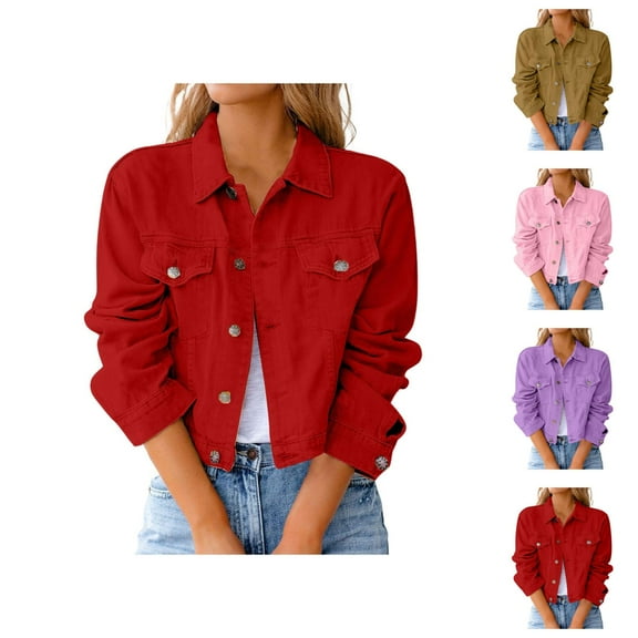 Jackets for Women Jackets for Women Trendy Women's Vintage Lapel Button Down Denim Jacket - Long Sleeve Distressed Crop Pocket, Teen Girls Fall Winter Coat