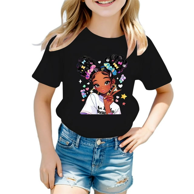 Hiiyo T-Shirt à Manches Courtes Imprimé Dessin Animé pour Grandes Filles, Col Rond en Coton, Tailles 3-14
