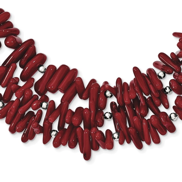 925 Sterling Silver Three Strand Red 16.50 Inch Necklace 2 Extender Pendant Charm Natural Stone Shell Wood Multi Layer