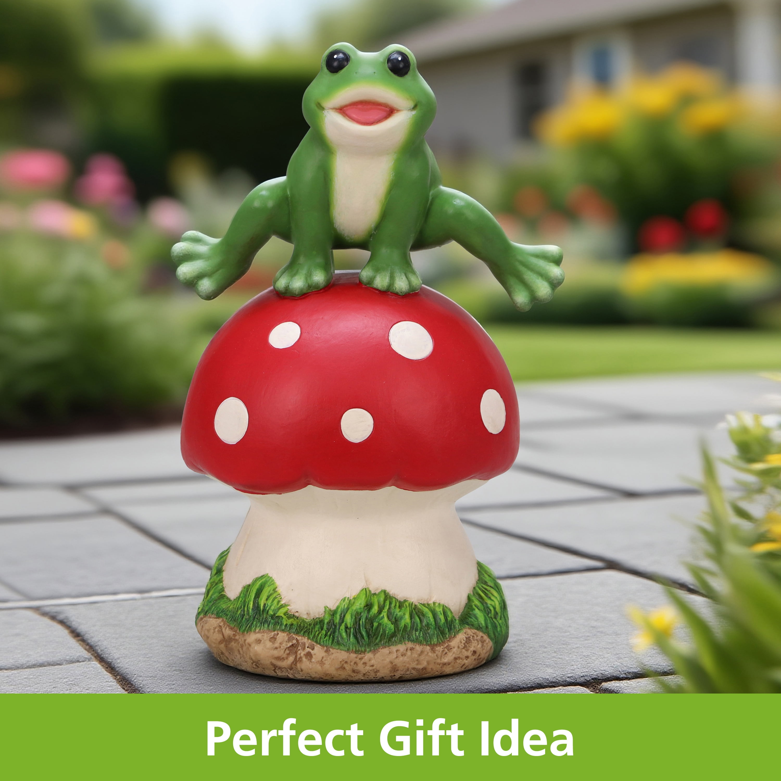 Mainstays Outdoor Leaping Frog Statue with Red Toadstool, 6.63 in L x 5 in W x 10.5 in H