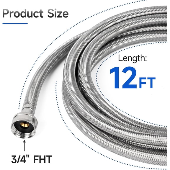 12 FT Washing Machine Hose, Stainless Steel Braided Washer Hose Supply Line with 3/4" FHT Connectors for Long-Distance Residential Water Supply, Durable and Leak-Resistant$$