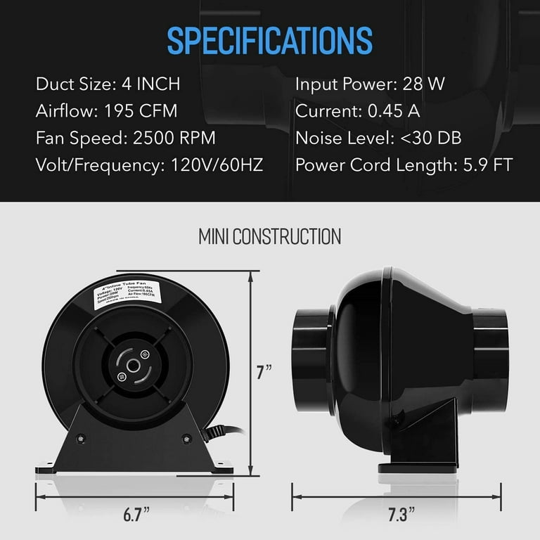 iPower 4 195 CFM Inline Fan Carbon Filter 8 Feet Ducting Combo