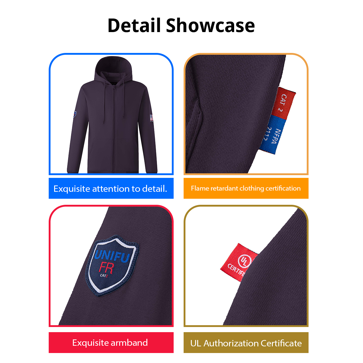 UNIFU FR Shirts for Men Flame Resistant Zipper 12OZ Heavy Weight Long Sleeve Fleece 100% C NFPA2112/CAT2 Hooded Sweatshirt