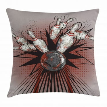 Bowling Party Decorations Throw Pillow Cushion Cover, Bowling Ball Crashing Into Pins Retro Blast Effect Sketchy, Decorative Square Accent Pillow Case, 18 X 18 Inches, Mauve Grey Red, by Ambesonne