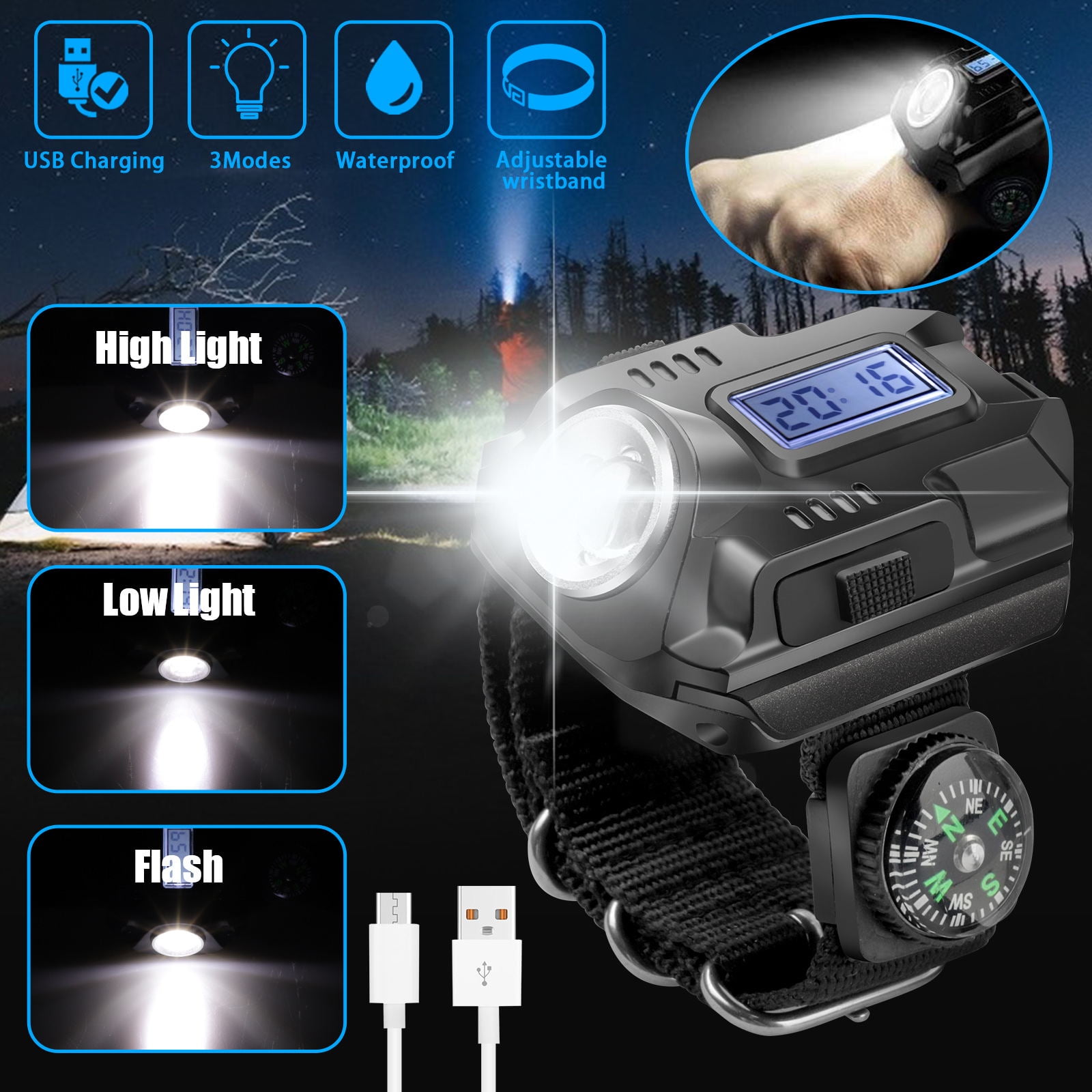 Rechargeable LED Wristlight Waterproof Wrist Light Outdoor Flashlight Lamp Torch 