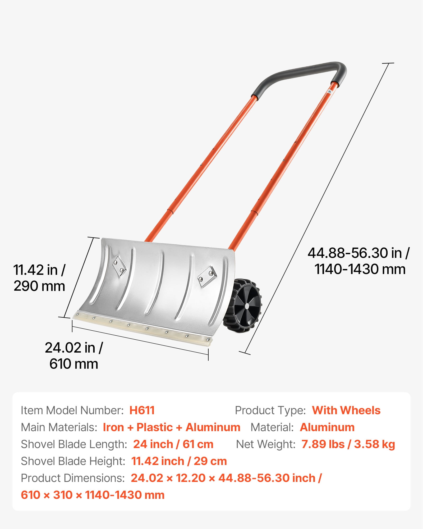 VEVOR Snow Pusher Shovel with Wheels,24 in Wheeled Snowplow Shovel with Bi-Directional Angled Blade & 90 Degree Adjustable Handle, Metal Winter Shovels, Portable Snow Removal Tool for Driveway Garden