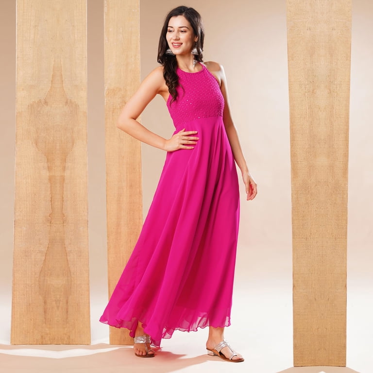 halter neck ethnic dress Globus Women Sequins Embellished Georgette Fit And Flare Maxi badge:newcolor