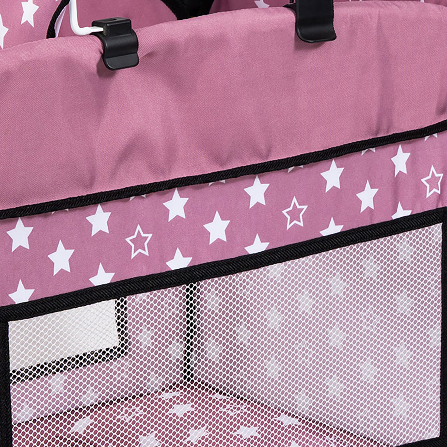 Bayer Design: Doll Multi-Bed - Pink & White Stars - Sleep Playpen, Built-In Feeding Highchair, Pillow-Blanket, Toy Care Center Fits 18" Dolls, Kids 3+