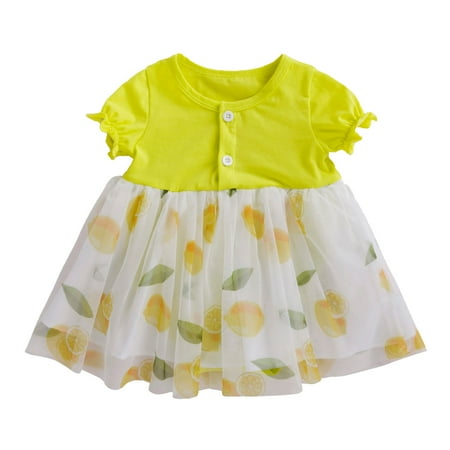 

Toddler Girls Dress Summer Short Sleeve Fruits Print Tulle Buttons Princess Dress Clothes