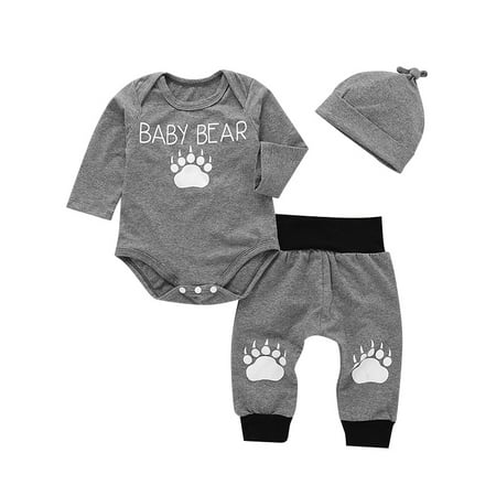 KidUtowu Toddle Baby Bear Long Sleeve Jumpsuit Tops Pants Hat Outfits Set