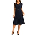 thumbnail image 2 of INSPIRE CHIC Women's Dress Work V-Neck Short Sleeve Below Knee Belted A-Line Pleated Dress XL Dark Blue, 2 of 6