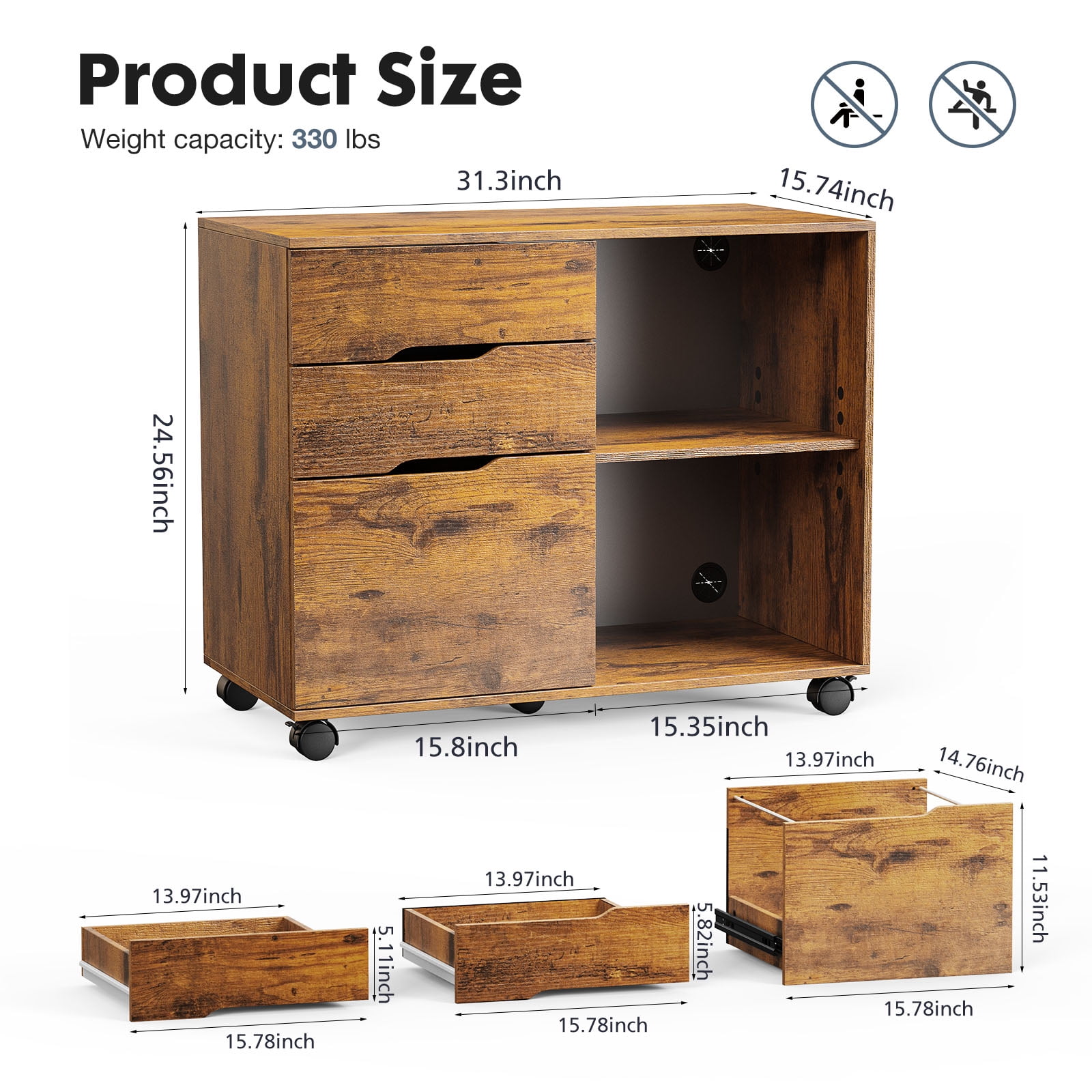 GIANNA 3 Drawer File Cabinet with Wheels, Rolling Wood Printer Stand and Open Storage Shelves for Home Office, Rustic Brown