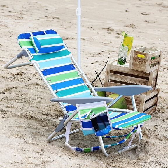 Lightweight Portable Lay Flat Folding Beach Chair with 5 Reclining Positions, Backpack Straps, Cup Holder & Towel Bar for Adults Outdoor Camping