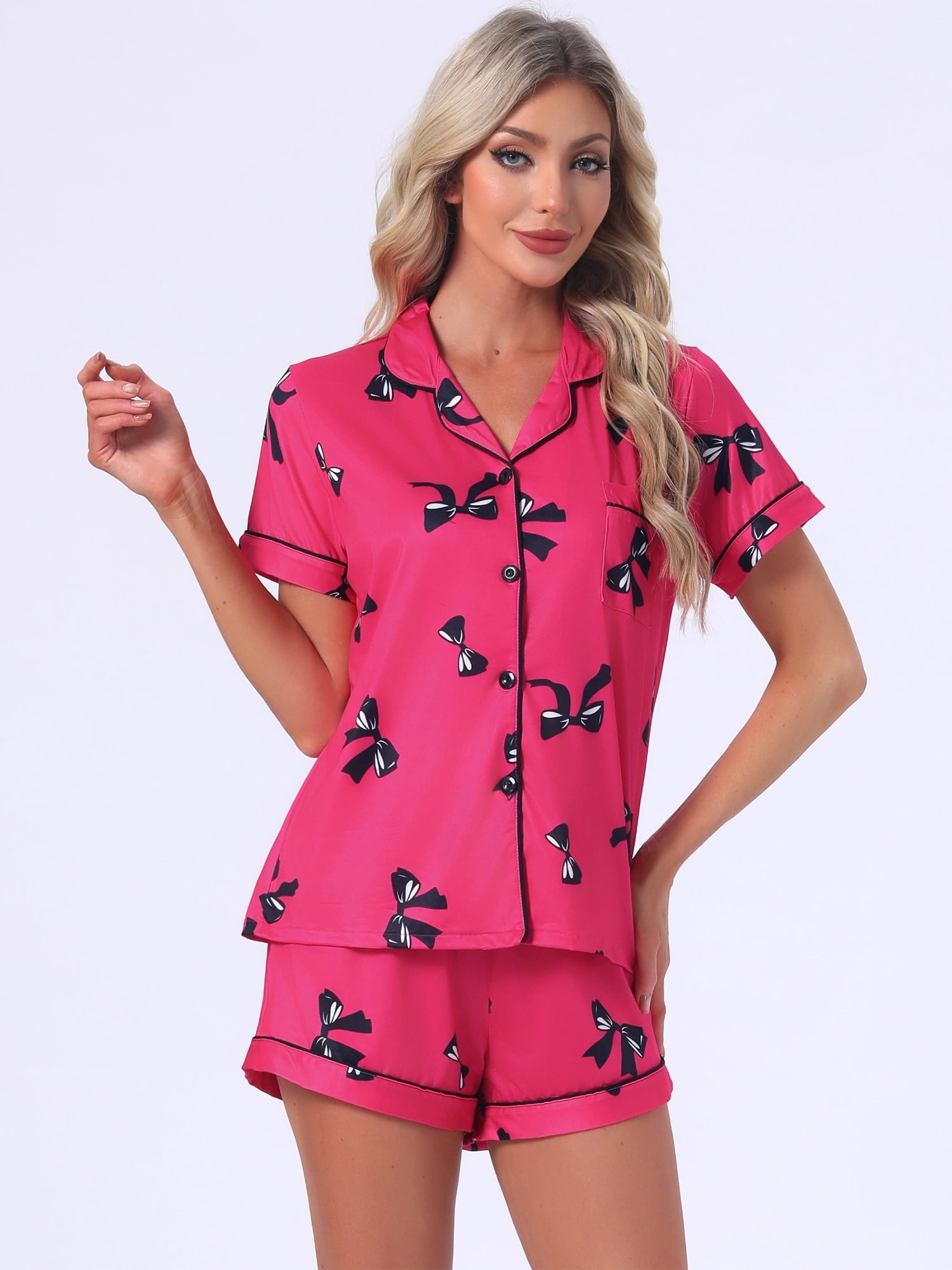 DARING DIVA Women's Pajama Sets Short Sleeves Bow Button Up Tops and Shorts S Hot Pink