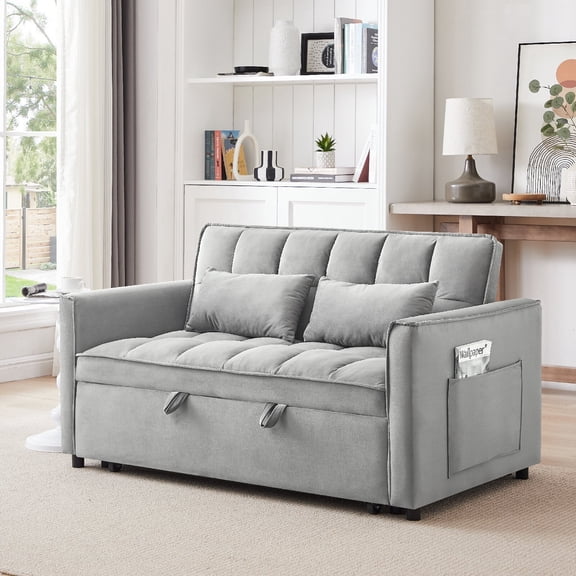 3-in-1 Convertible  Loveseats  Sleeper Pull Out  sofa bed ,55"Modern Velvet Double sofa Couch  with Adjustable Backrest and Side Pocket for living room,Aprtment,Gray