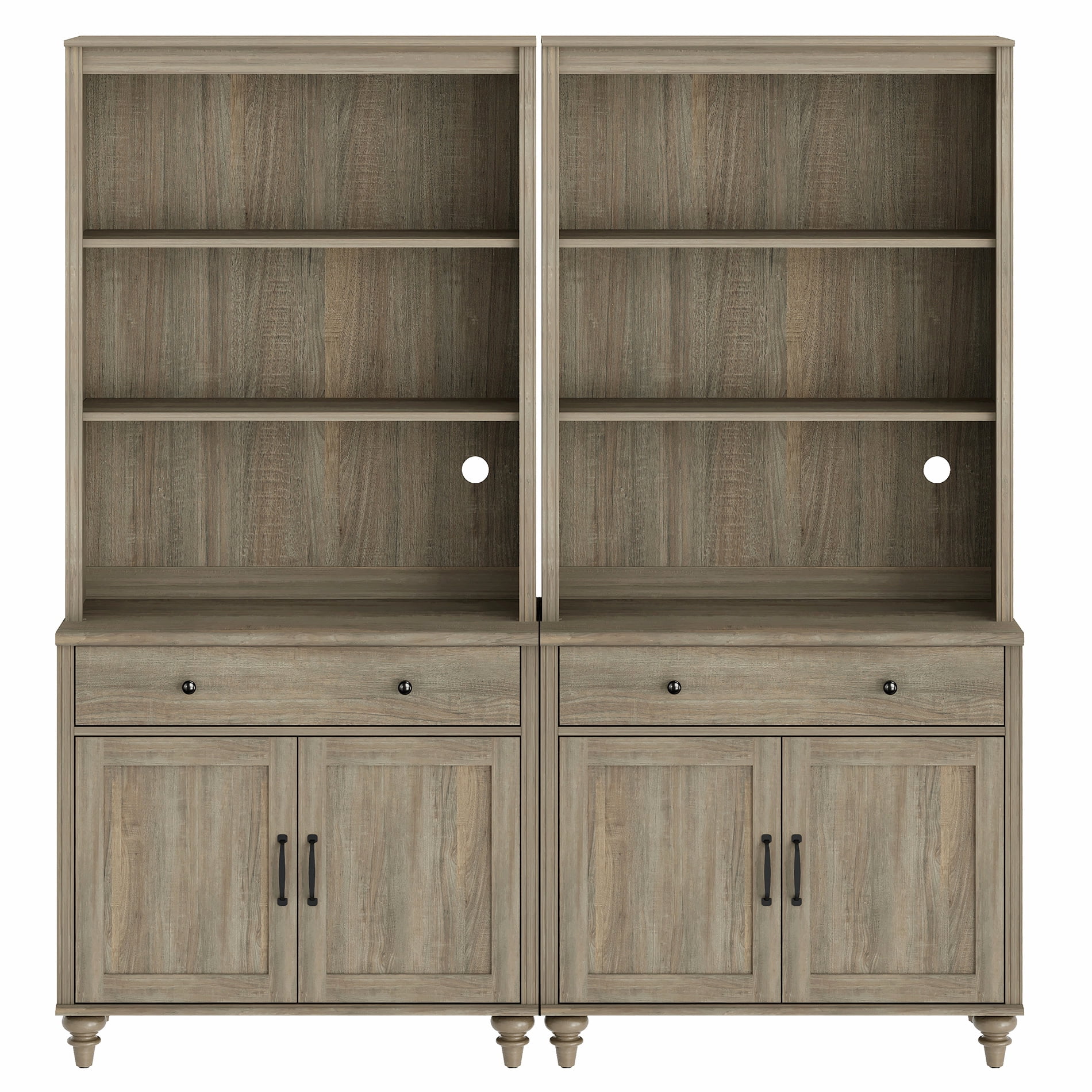 Farmhouse 5 Tier Bookcase With 2 Drawers and 4 Doors, Wash Gray, 67.7" W