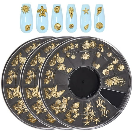 3 Boxs Ocean Gold Nail Art Charms 3D Metal Nail Charms Decor 12 Styles Summer Turtle Beach Seashell Starfish Marine Conch Gems DIY Embellishments