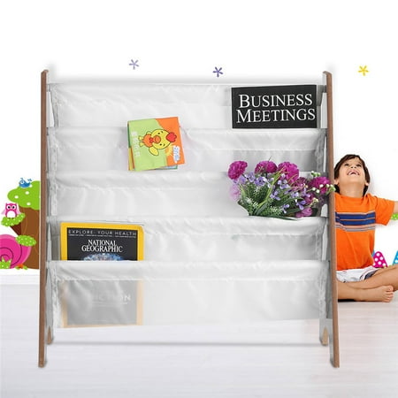 Pocket Revolving Book Display Children Book Rack,Wooden+Polyester Bookcase Book Storage Display Bookshelf With 4 Pockets ()