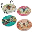 thumbnail image 5 of Christian Art Gifts Inspirational Ceramic Drink Coasters for Women: Bees & Butterflies Multicolor Floral, Table Top Surface Protection for Cold & Hot Beverage Cups & Mugs w/ Basket Holder, Set of 4, 5 of 5