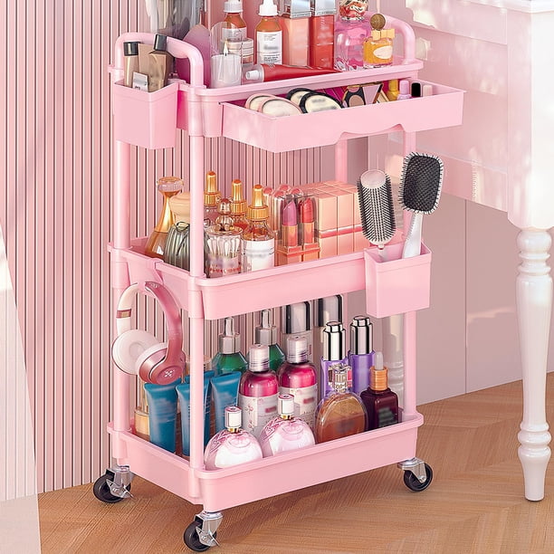 Carrito organizador de maquillaje con ruedas Goovilla, 3 niveles, plástico rosa