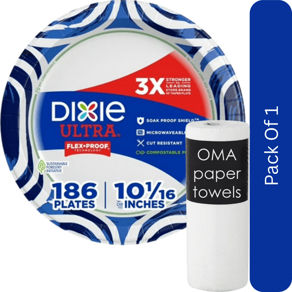 Dixie Ultra Heavyweight Dinner Paper Plates, 10", 186 ct- With Paper Towel By OMA