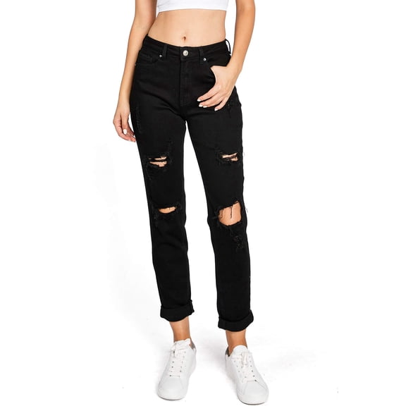 Wax Jean Women's Juniors High Rise Baggy Straight Leg Jeans (1, Black)