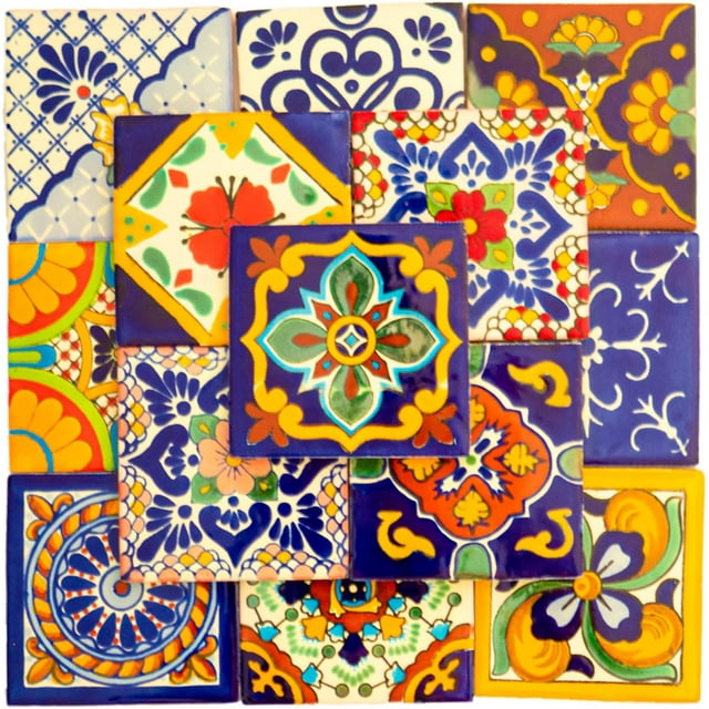 Mexican Talavera Tile Spanish Mediterranean Art Colorful 4"x4" Ceramic Hand Painted Mosaic for Bathroom, Wall, Mirror, Kitchen Rustic Decor Pottery (20, Multi 2)