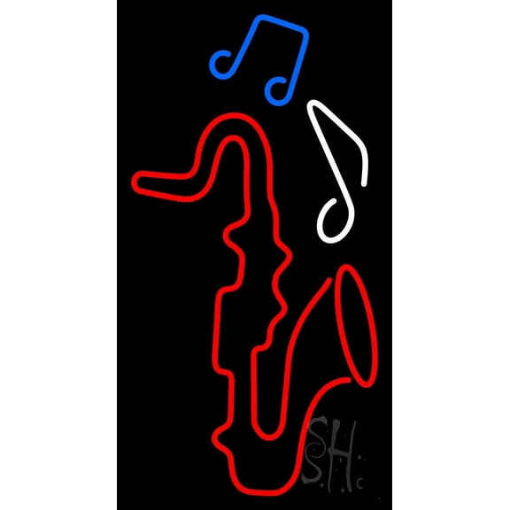 Red Saxophone With Musical Notes 1 LED Neon Sign 37" Tall x 20" Wide - inches Black Square Cut Acrylic Backing, with Dimmer - Premium built indoor Sign for Studio, Club, Décor, Event, Storefront.