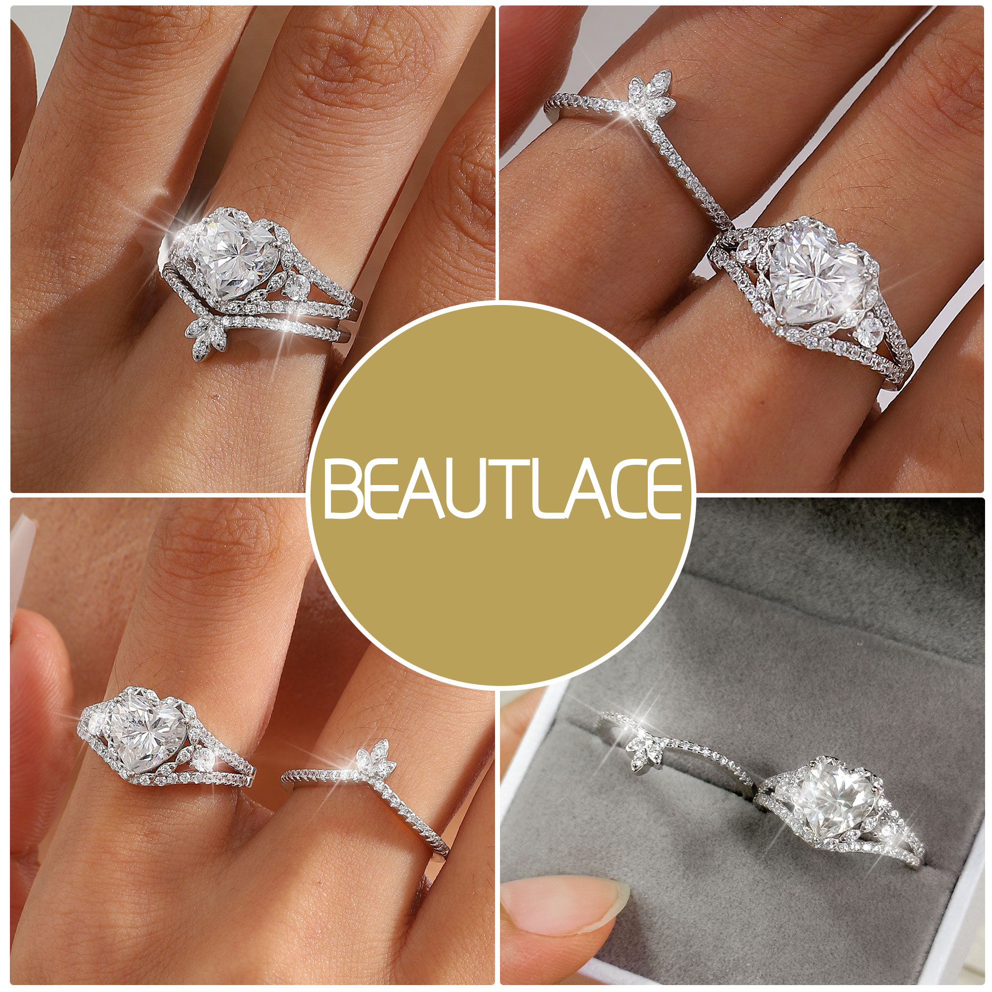 Beautlace Heart Engagement Rings Set for Women,Moissanite 2 CT Promise Ring Wedding Band for Her,925 Sterling Silver Love Heart Bridal Ring Set Birthday Valentines Jewelry Gifts for Girlfriend Wife