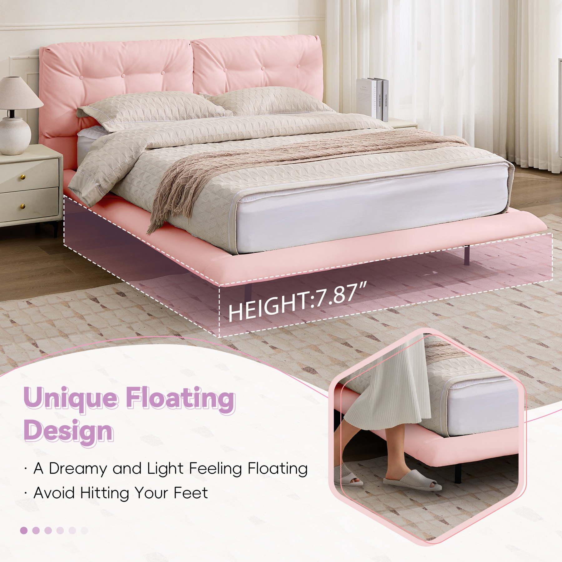 Queen Size Floating Bed Frame with LED Lights, Upholstered Platform Bed with Button Tufted Headboard, No Box Spring Needed, Easy Assembly, Pink