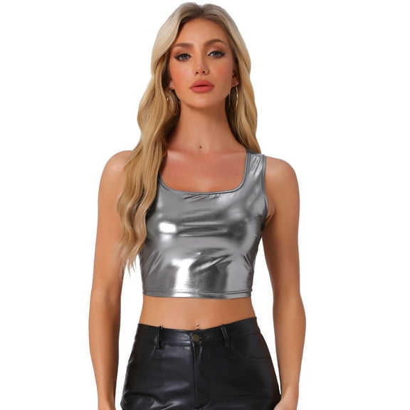 DARING DIVA Women's U Neck Sleeveless Shiny Metallic Crop Top M Black Silver