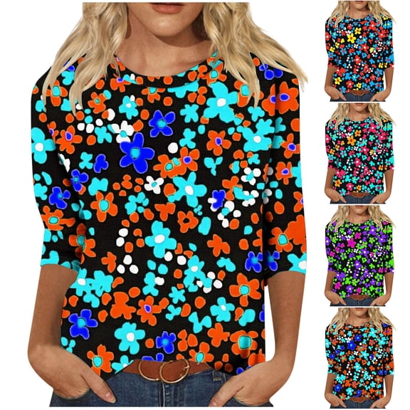 CYMMPU 3/4 Sleeve Blouses for Women Dressy Casual Flower Pattern Round Neck Loose Fit Tunic Tops Spring Tops Summer Fashion Shirts Pleated Dressy T-Shirts Blue M