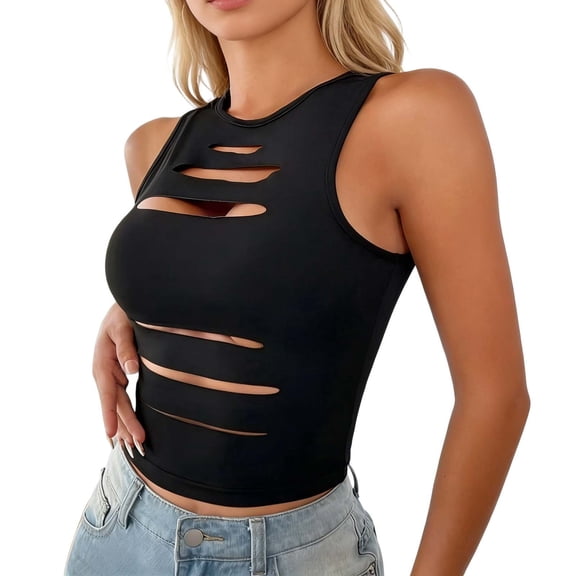 MNCEKFOD Summer Tank Tops For Women Trendy Fashion Solid Color Hollow Out Hole Sleeveless Vest Tight Inner Cropped Daily Tops Womens T Shirts Black L