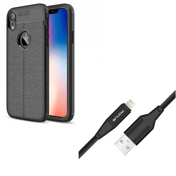 Case w 10ft USB Cable for iPhone XR - PU Leather Slim Fit Cover Reinforced Bumper Shock Absorbent, Charger Cord Power Wire Braided Long Compatible With iPhone XR