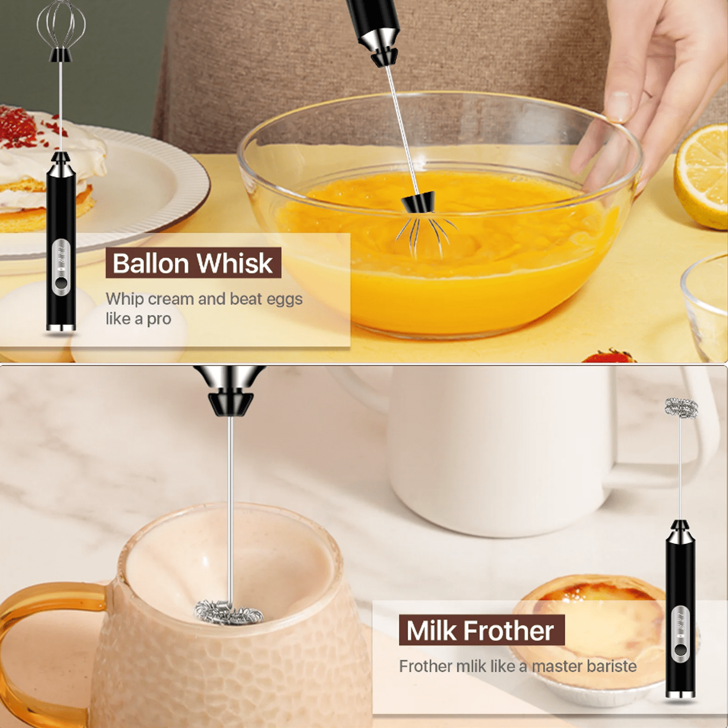 Quanmin Rechargeable Milk Frother Wand Ultra Fast Handheld Drink Mixer Electric Whisk Foam Maker for Coffee, Egg, Lattes, Cappuccino, Matcha, Hot Chocolate,Black