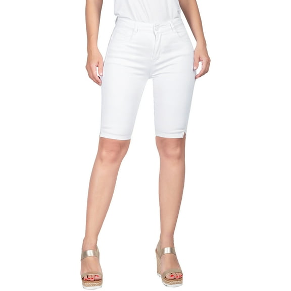 2Luver, Women's, Stretchy 5 Pocket Mid-Rise Solid Color Classic Skinny Bermuda Shorts, White, 5