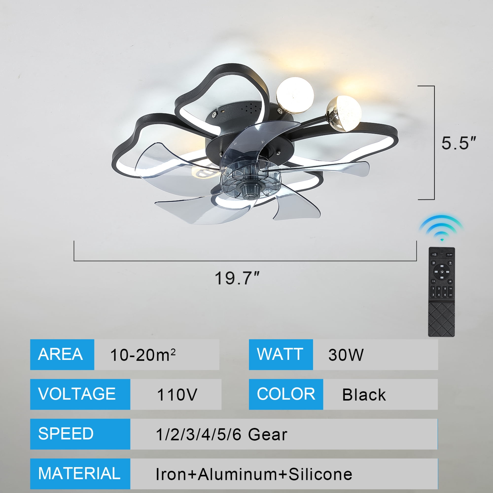 Leumius 19.7 Inch Ceiling Fan with Lights Remote Control with Modern Butterfly Design Styling, Quiet Fan for Bedroom Living Room Kids Room Black