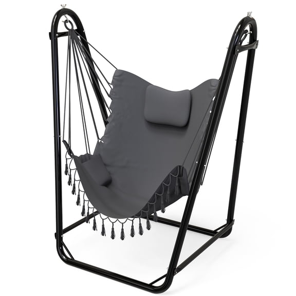 U-Shaped Strap Hammock Chair with Stand, Bohemian-Style Fringe Indoor Hanging Chair, Outdoor Swing Chair with Pockets