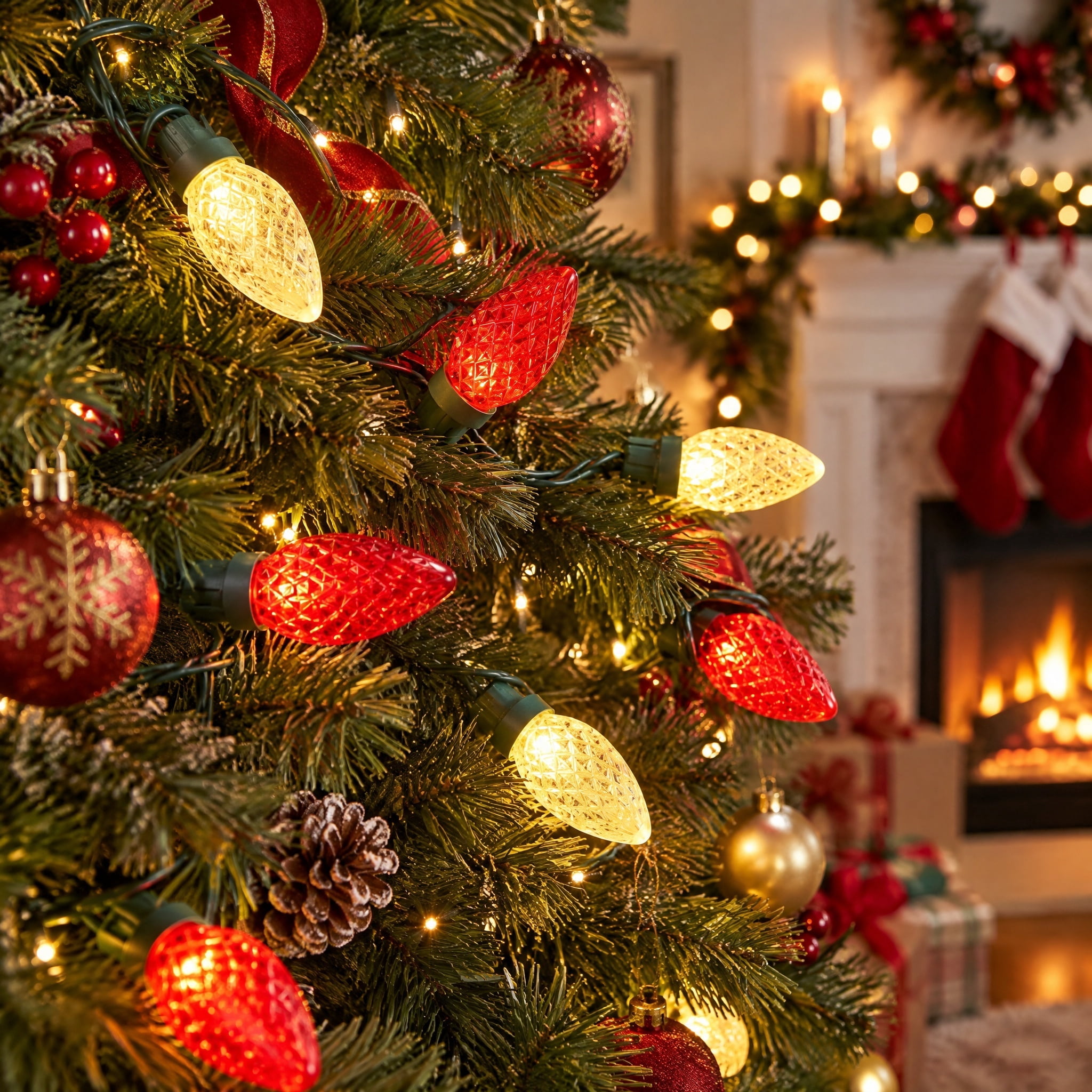 Indoor/Outdoor 100-Count LED Diamond-Cut C9 Christmas String Lights, Red and Warm White, Green Wire, 58.5', by Holiday Time