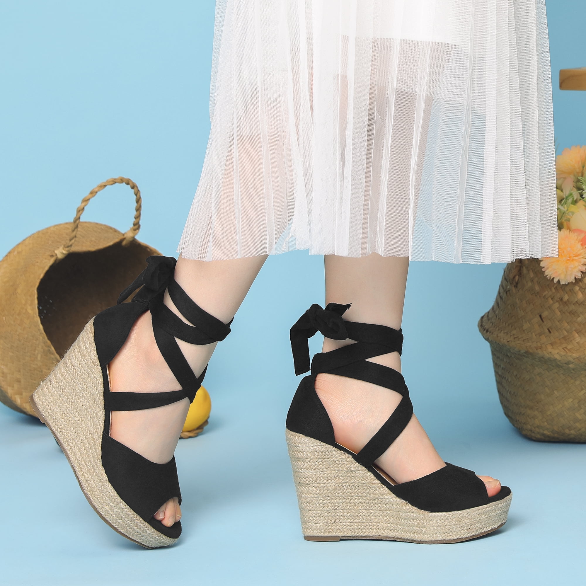 Unique Bargains Women s Lace Up Peep Toe Espadrilles Wedge High Heeled Sandals Walmart