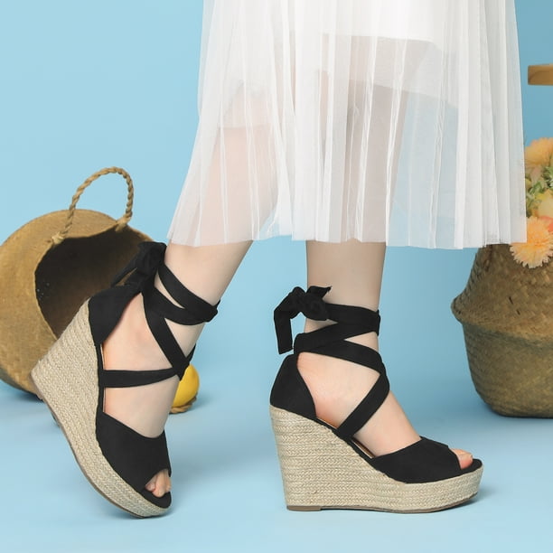 Alpargatas con cordones Cuñas Sandalias de tacón para mujer Negro