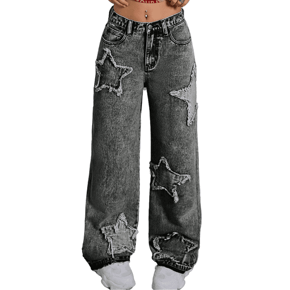 Y2K Teen Girls Wide Leg Jeans with Star Patch, Baggy Denim Pants with Raw Edge Detail for Girls 13-16 Years