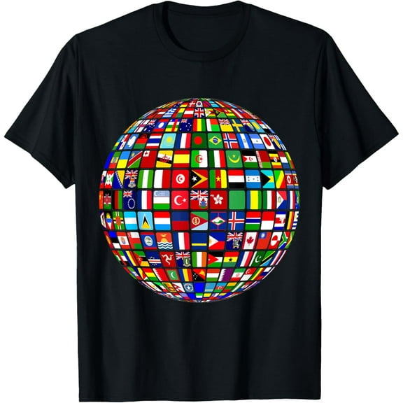 t-shirt International world flags and world map for children T-Shirt mens，black，women，funny，journey，Crew Neck, Short Sleeve,printing