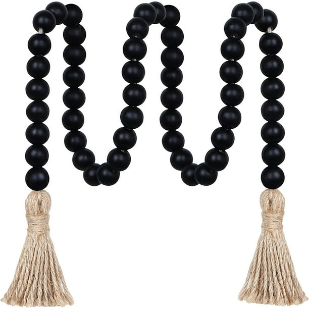 Guirnalda de cuentas de madera grandes de 39" de largo con cuentas de madera rústica para decoración de bandejas escalonadas para el hogar, cuentas decorativas con borlas, color negro