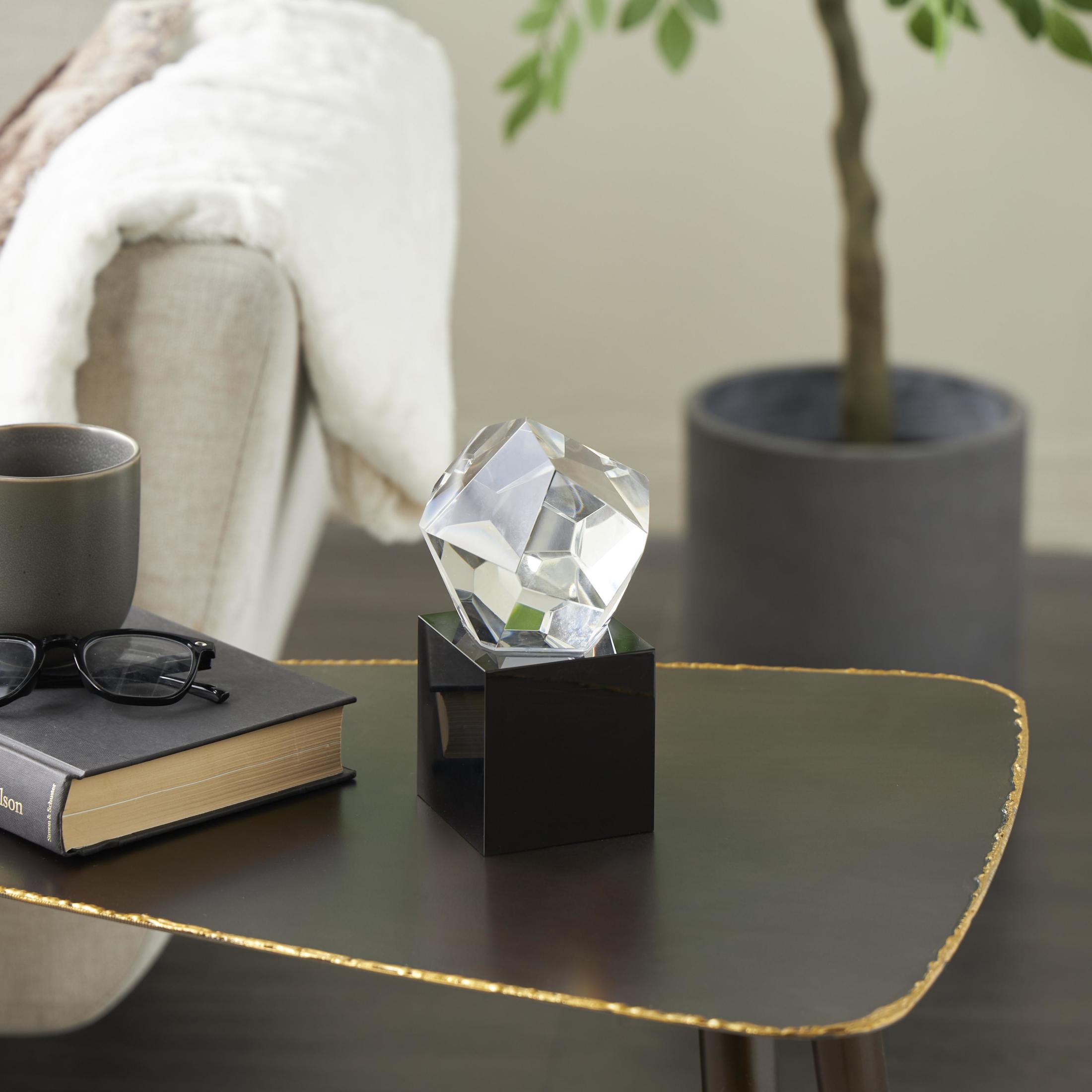 4" x 7" Clear Glass Cut Stone Inspired Geometric Sculpture with Black Base, by DecMode